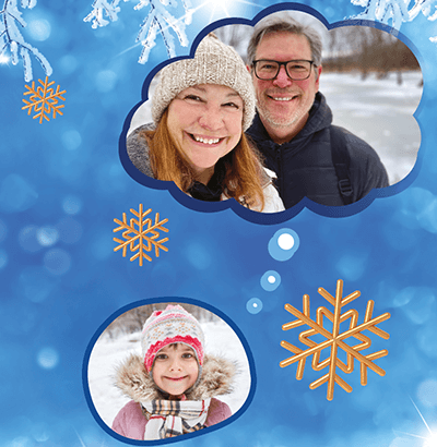 Picture of a foster couple and a child in a winter scene