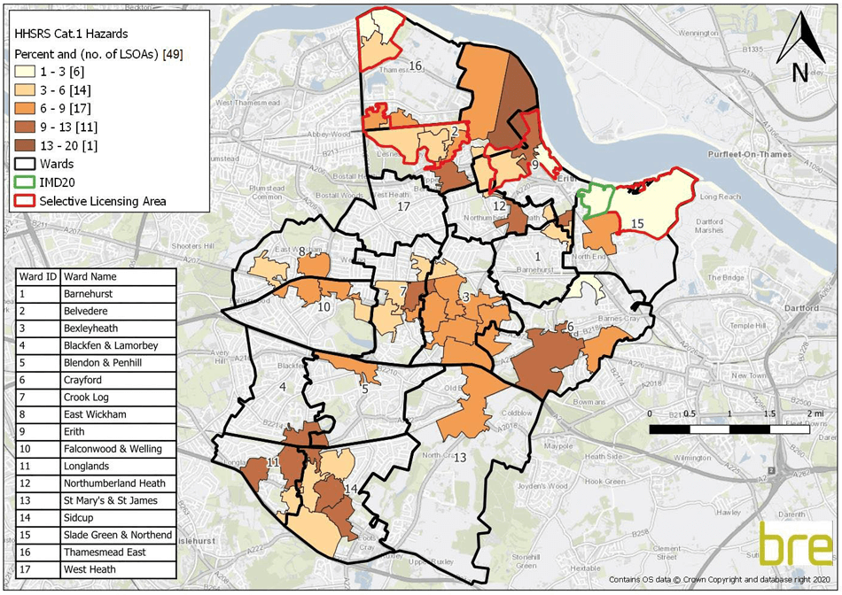 Map showing the distribution of category 1 HHSRS hazards where the proportion of private rented stock is above the national average