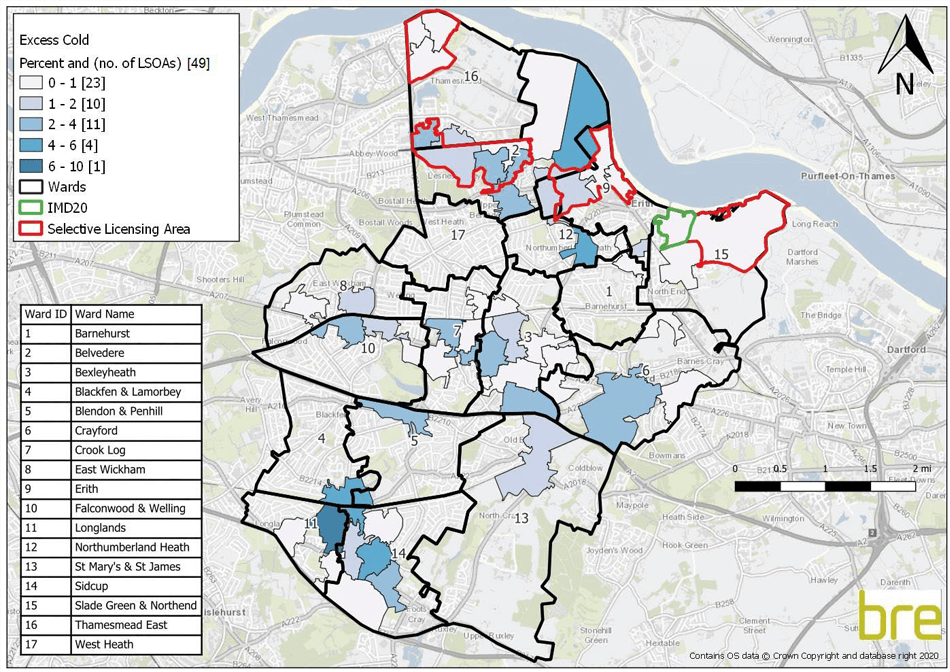 Map showing the distribution of excess cold hazards where the proportion of private rented stock is above the national average