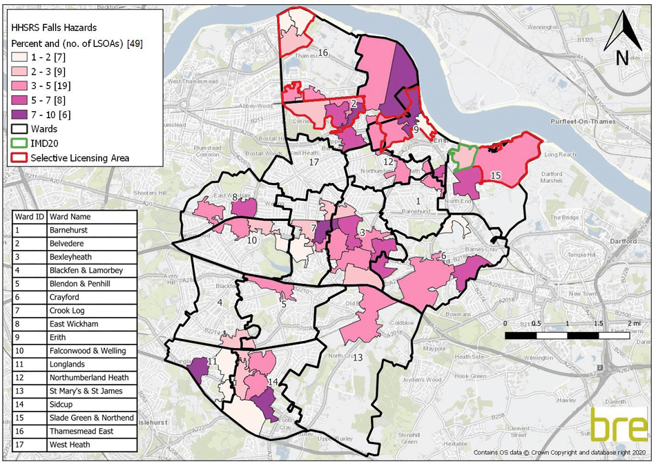 Map showing the distribution of fall hazards where the proportion of private rented stock is above the national average