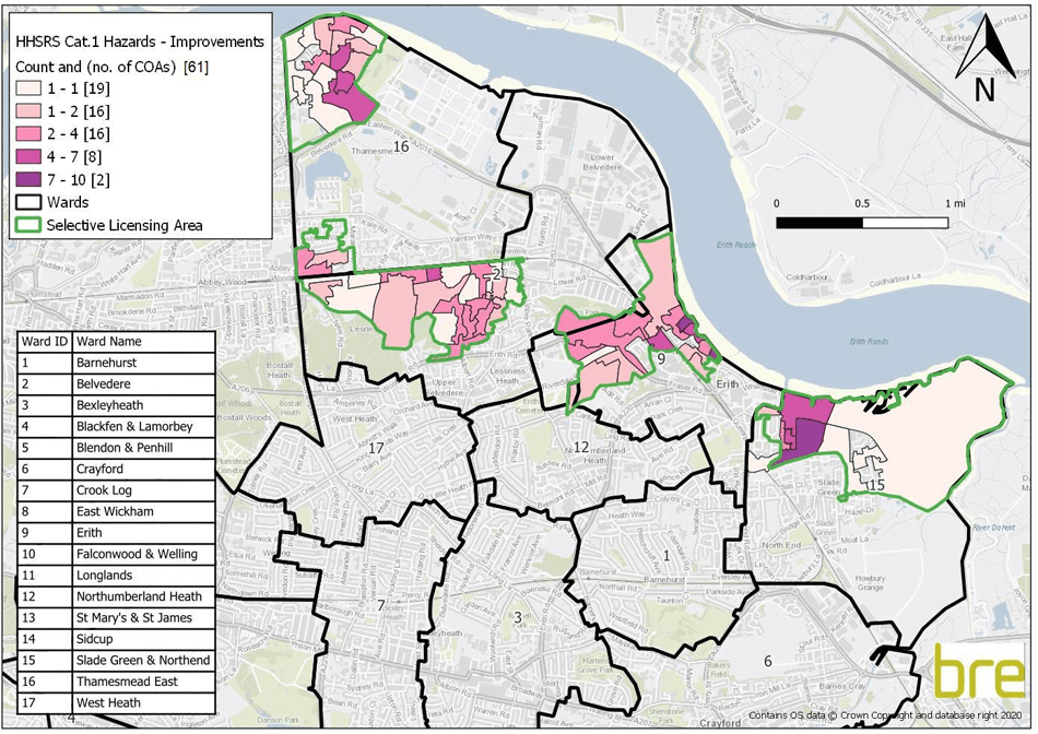 Map showing the distribution of number of dwellings where HHSRS category 1 hazards were mitigated, private rented sector.