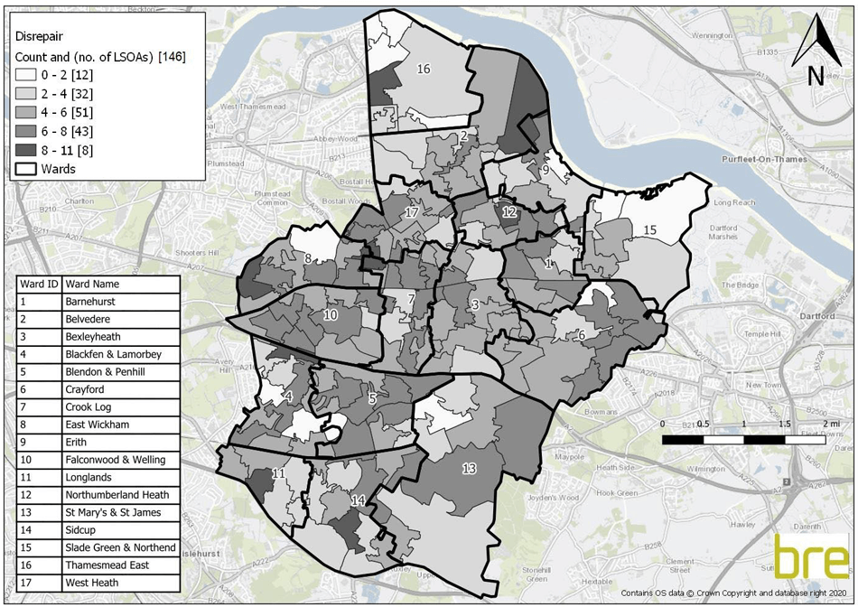 Map showing Percentage of private rented sector dwellings in Bexley in disrepair