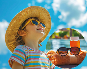 Child with sunglasses and hat and a glass of liquid