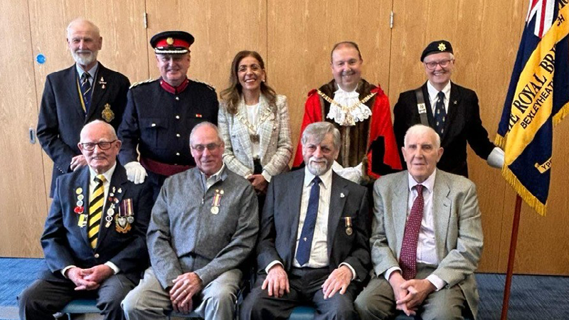 Back row Ken Sprowles, Representative Deputy Lieutenant, Mr David Easton DL, Mayoress Mrs Elmaz Dourmoush and Mayor of Bexley, Cllr Ahmet Dourmoush, Di Sprowles Front row - Brian Unthank, William Howser, Peter Fowler and George Thompson