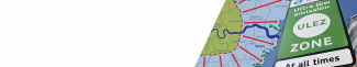 Road sign for the London ULEZ zone next to an outline map showing the proposed extension of the zone from inner London to the Greater London boundary